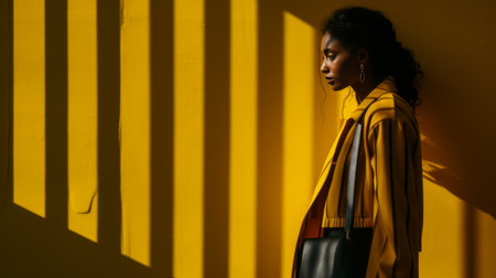 a woman in a yellow jacket standing in front of a yellow wallの素材
