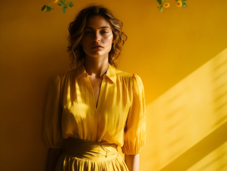a woman in a yellow dress standing in front of a yellow wallの素材