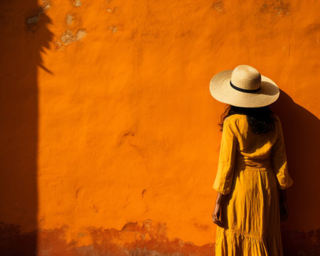 a woman in a yellow dress and hat stands against an orange wallの素材