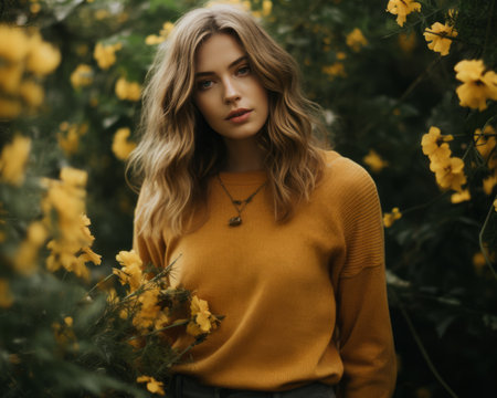 a woman in a yellow sweater standing in a field of yellow flowersの素材