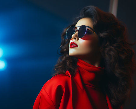 a woman in sunglasses and a red dressの素材