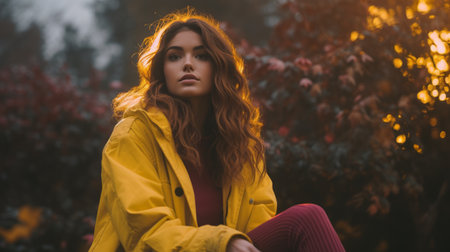 a woman in a yellow coat sitting on the groundの素材