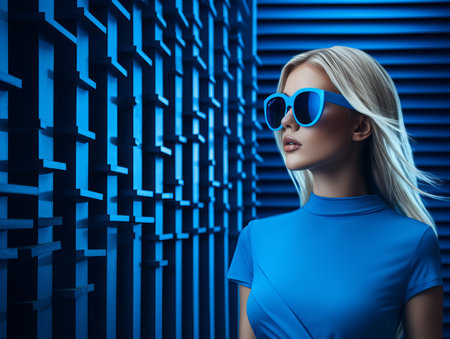 a woman in sunglasses and a blue dress standing in front of a blue wallの素材