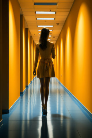a woman in a yellow dress is walking down a hallwayの素材