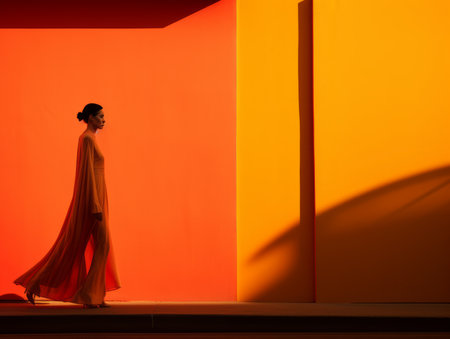 a woman in an orange dress walks in front of an orange wallの素材