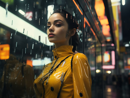 a woman in a yellow raincoat standing in the rainの素材