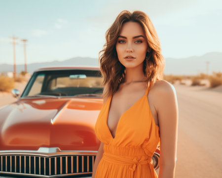 a woman in an orange dress standing next to an old carの素材