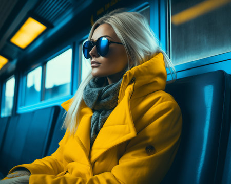 a woman in a yellow coat and sunglasses sitting on a trainの素材