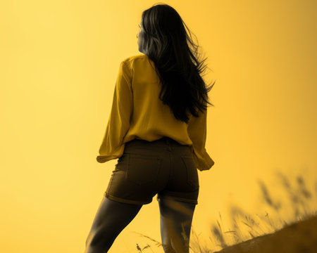 a woman in shorts and a yellow shirt standing on a hillの素材