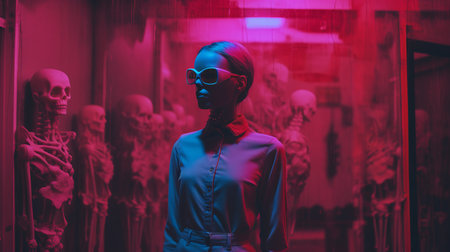 a woman in sunglasses standing in front of a room full of skeletonsの素材