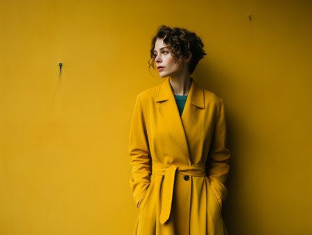 a woman in a yellow coat standing against a yellow wallの素材