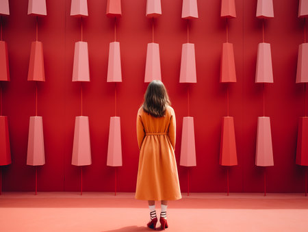 a woman in an orange dress stands in front of a red wallの素材