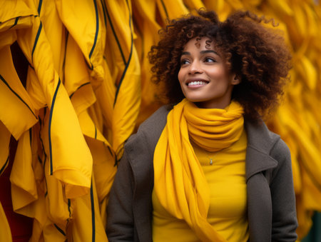 a woman is standing in front of a wall of yellow scarvesの素材