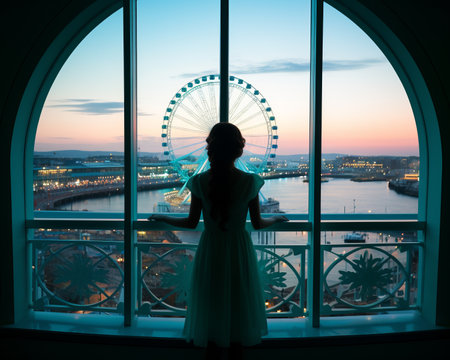 a woman looking out a window at a ferris wheelの素材
