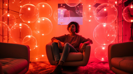 a woman sitting in a chair in front of red lightsの素材