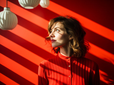 a woman is standing in front of a red wallの素材