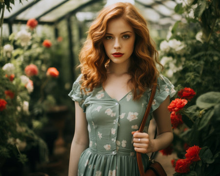 beautiful red haired woman in floral dress standing in a greenhouseの素材