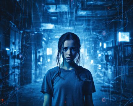 a woman standing in a dark tunnel with neon lightsの素材