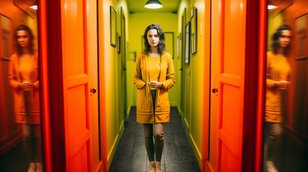 a woman is standing in an orange hallwayの素材