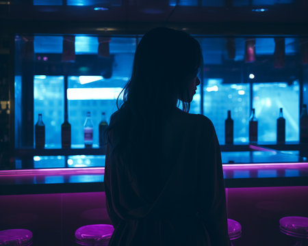 a woman standing in front of a bar with neon lightsの素材