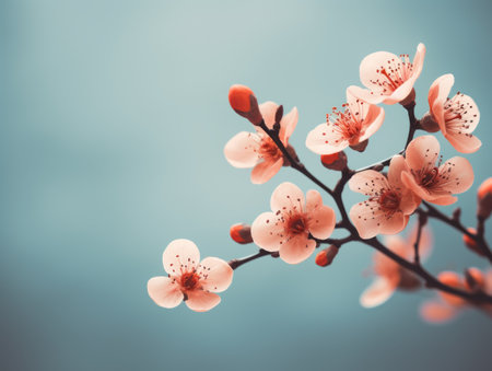 cherry blossoms on a branch in front of a blue skyの素材