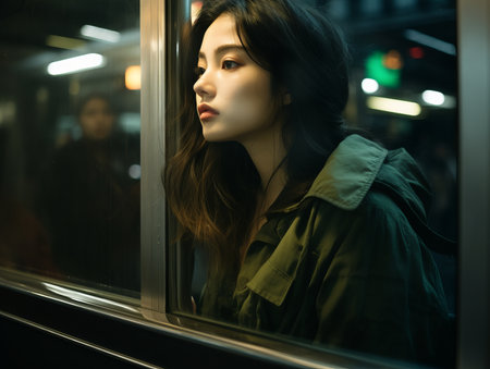 a woman looking out the window of a trainの素材