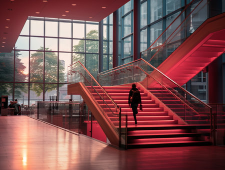 a woman is walking down a set of stairs in a buildingの素材