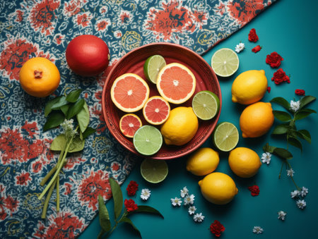 citrus fruits and limes in a bowl on a blue backgroundの素材