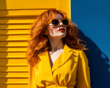 beautiful red haired woman in yellow dress and sunglassesの素材