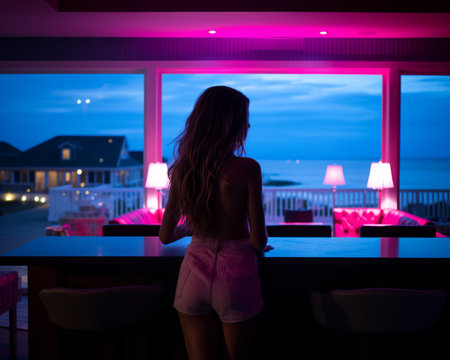 a woman standing in front of a bar with a view of the oceanの素材