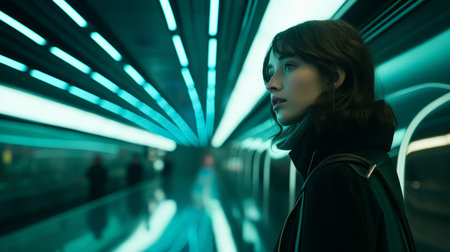 a woman standing in a subway tunnel with neon lightsの素材