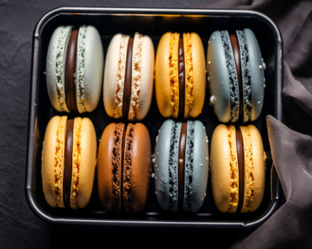 colorful macarons in a metal box on a black backgroundの素材