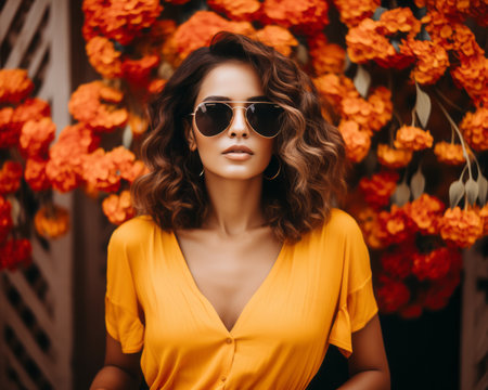 beautiful woman in sunglasses and yellow dress posing in front of orange flowersの素材