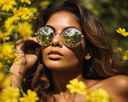 beautiful woman wearing sunglasses in a field of yellow flowersの素材