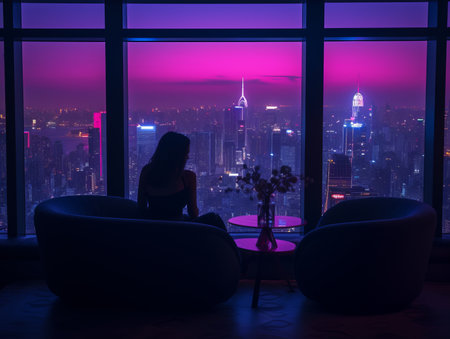a woman sitting in a chair with a view of the city at nightの素材