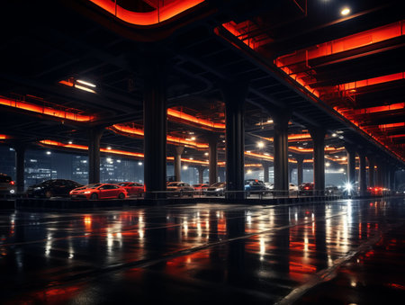cars parked in an underground parking garage at nightの素材
