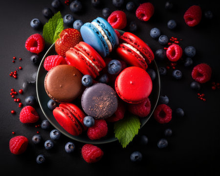 colorful macarons with berries on a black backgroundの素材