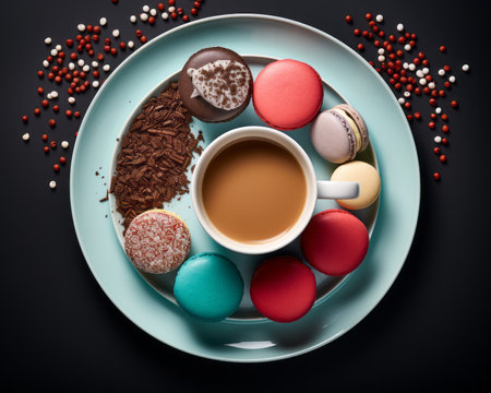 cup of coffee and macaroons on a plate on a black backgroundの素材