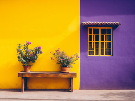 colorful yellow and purple wall with bench and potted plants in front of itの素材