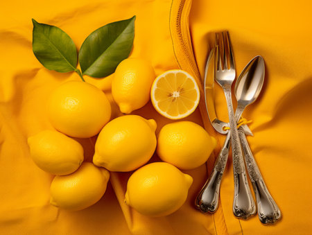 fresh lemons on a yellow cloth with silverwareの素材