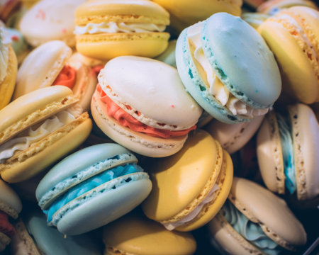many colorful macarons are arranged in a bowlの素材
