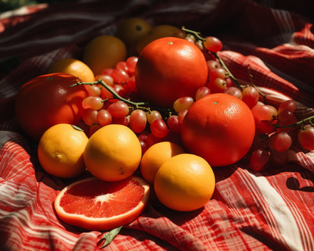 grapes oranges and grapefruit on a red and white checkered clothの素材