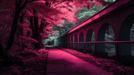 infrared photography of a bridge in the woods at nightの素材