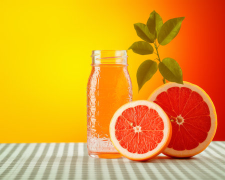 grapefruit juice in a glass bottle and sliced grapefruit on a yellow backgroundの素材
