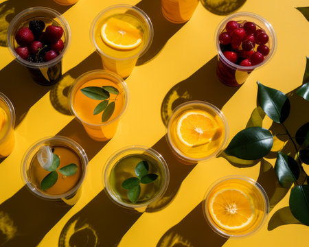 many different types of drinks in plastic cups on a yellow backgroundの素材