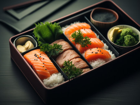 japanese bento box with salmon rice and vegetablesの素材