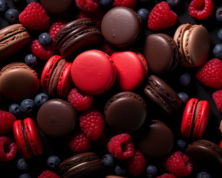 macaroons and raspberries on a black backgroundの素材
