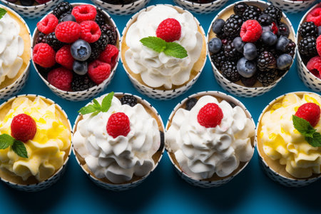 cupcakes with whipped cream and berries on a blue backgroundの素材