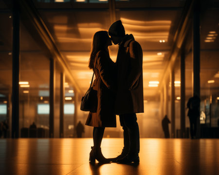 silhouette of a couple kissing in an airportの素材
