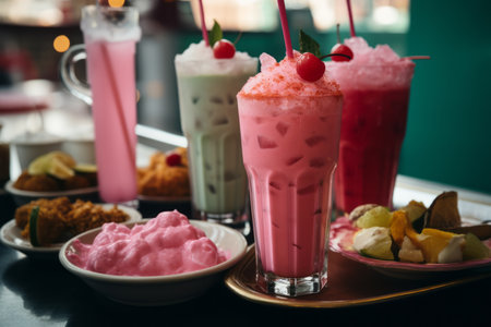 pink milkshakes on a table with other drinksの素材